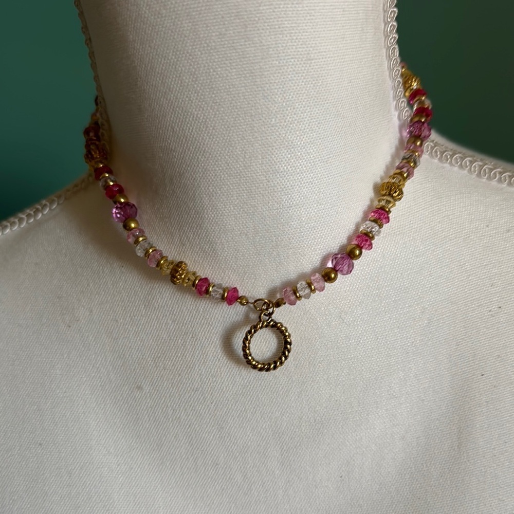 Gold and Pink Vintage Necklace with Antique Charm